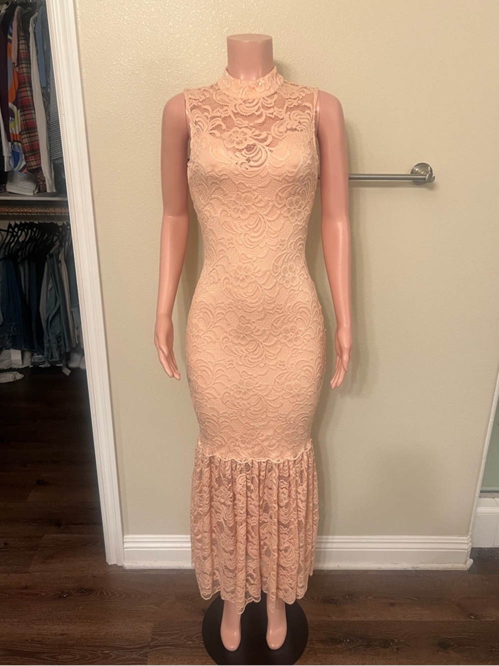 Sleeveless Lace Mermaid Maxi Dress in Blush. Size XS. Will fit a M.  Great Fit!